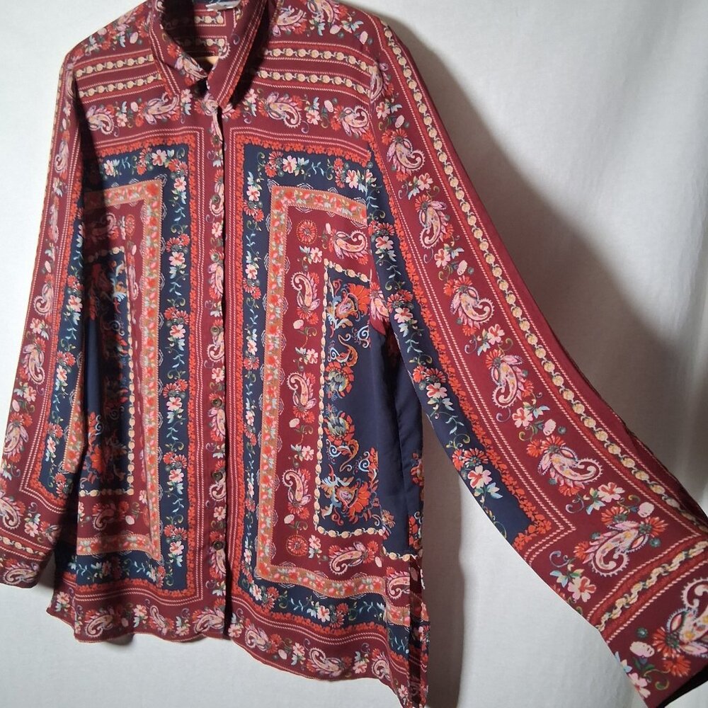 Dressbarn Blouse XL Maroon Blue Paisley Floral Tapestry Semi Sheer Long Sleeve - Picture 10 of 16